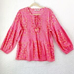Vineyard Vines Scarf Print Peasant Top Balloon Sleeve Pink & Orange Sz L